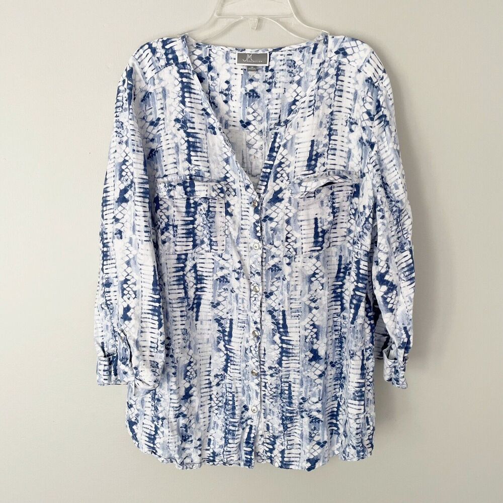 JM Collection Size 10 Blue White Abstract Printed Linen Shirt V Neck Buttons